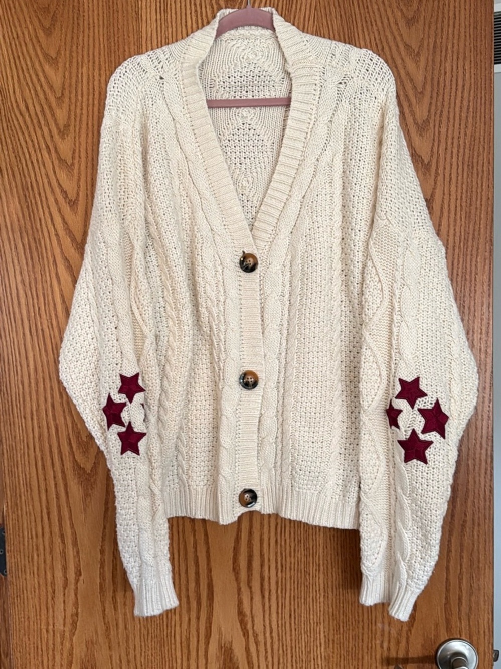 Taylor Swift Cream Cable Knit Cardigan with Burgundy Star Patches